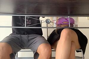 blonde classmate gets wet pussy licked under classroom desk