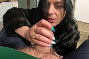 slutty mature deep-throat and cum play on fur-coat