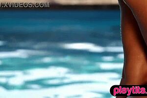 luscious latina beauty strips naked by the pool to expose big ass