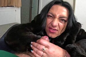 slutty mature deep-throat and cum play on fur-coat