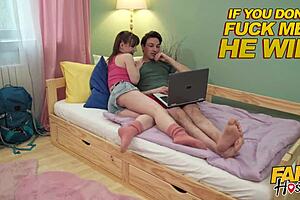 Fake hostel adventure where a guy fucks his petite girlfriend while her boyfriend watches and cries 😢