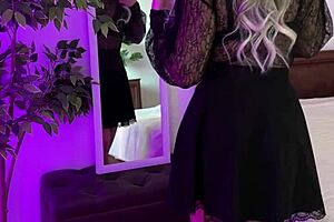 i feel so aroused by this sexy milf in blue ribbon crotchless panties, her curves driving me wild