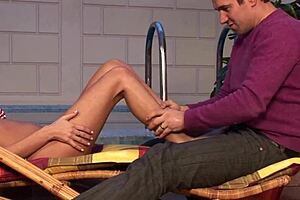 awesome blonde babe in a bikini has a great doggy style sex with foot sex