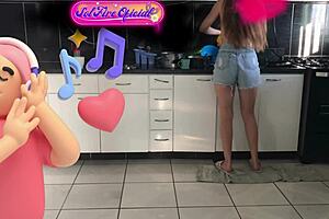 Skinny Brazilian Dancer Flashes in Homemade Kitchen