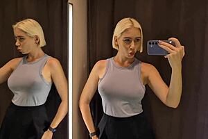 curvy blonde with big tits tries on sexy see-through outfit in changing room