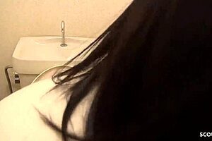Petite japanese virgin teen talks first suck on public toilet by old guy!