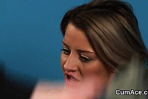 Horny babe gets cum load on her face sucking all the ejaculate