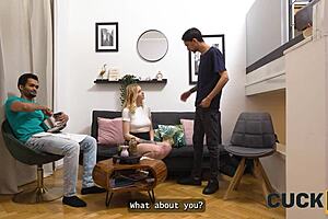 Hey, this pregnant Czech blonde really wants her husband to watch as she fucks a stranger on the sofa.