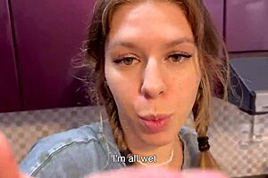 pretty girl gets cum in mouth and hair in kitchen