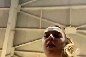 In the crowded public gym, a young bbw with big natural tits cums hard from fingering