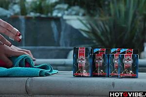 big titted blonde intensely fingers her dripping pussy to explosive orgasms by the pool