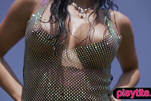 want to see her big tits and wet ass? she's stripping naked in the pool!