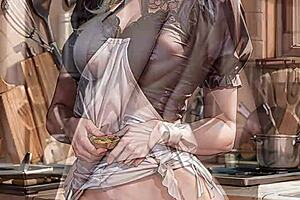 Blonde maid in uniform serves delicious food.