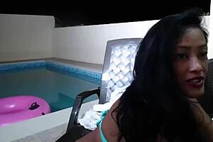 maxine x masturbates asian cunt by pool at night