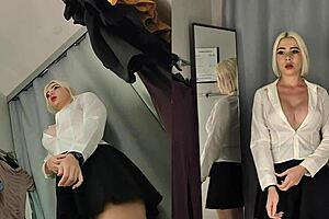 upskirt view - naked blonde with big tits try on haul see-through clothes in dressing room