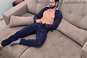 Excitement Builds As Muscular Brazilian Bodybuilder Comes Home From Work And Jerks Off His Monster Cock In Homemade Striptease!