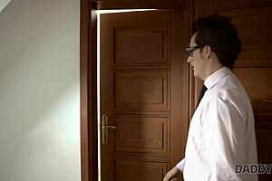 After taking a shower, the young babe gets a surprise from the old man