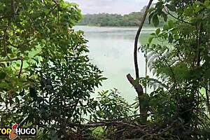 Young tattooed girl boldly licks stranger's pussy in the forest after smoking a joint