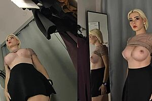 upskirt view - naked blonde with big tits try on haul see-through clothes in dressing room