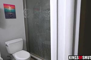 stepmom catches him peekin in shower and pulls him in for steamy mature fuck
