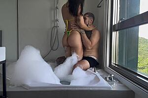 hey perfect tourist babe rides cock cowgirl in jacuzzi sunset