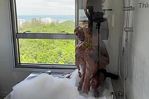 hey perfect tourist babe rides cock cowgirl in jacuzzi sunset