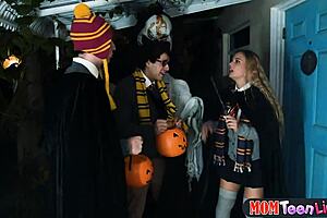 mature milf and teen use vibrators in halloween lesbian play