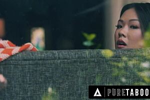 voyeur lulu chu caught stroking her hairy pussy peeking at neighbor gets roughly drilled