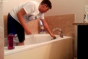 tidying up the bathroom during house chores