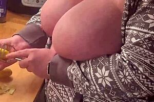 i... uh, my huge tits in kitchen lingerie handjob mess...