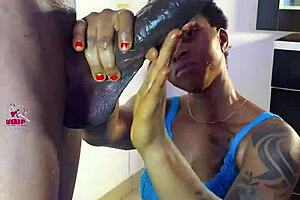 Ugly tattooed babe strokes hairy monster black cock pov