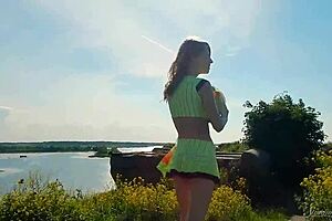 adorable spunky teen model strips miniskirt outdoors flashing tits 😍🌳