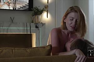 Hey, juicy blonde next door moans through creampie doggy on the couch