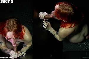 Redhead teases gloryhole skills with cum-drenched tongue play