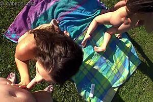 slutty swingers share cocks cum in mouths outdoors kissing hard