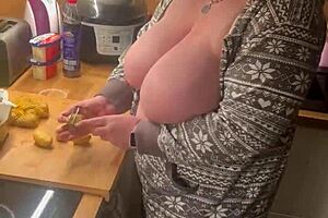 i... uh, my huge tits in kitchen lingerie handjob mess...
