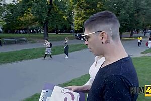 nerdy couple devours blonde's ass in rimjob frenzy