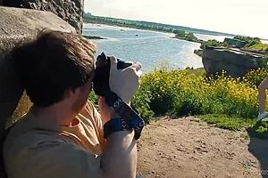 adorable spunky teen model strips miniskirt outdoors flashing tits 😍🌳