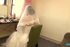 new asian bride in wedding gown fingers hairy pussy for sneaky visitor blowjob