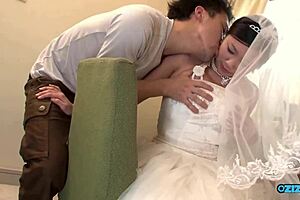 new asian bride in wedding gown fingers hairy pussy for sneaky visitor blowjob