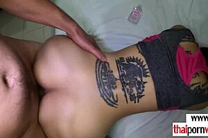 Amateur thai teen's shaved pussy primed for massive white cock