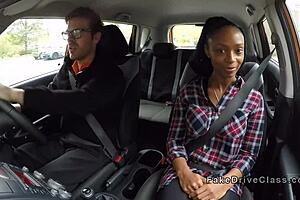 lesbian student receives oral pleasure in driving lesson car