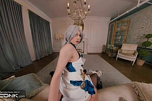 Skinny Bronya moans hard in stockings during Honkai cosplay pounding