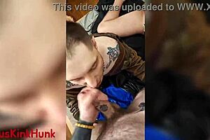 Two Big Russian Guys Facefuck Fetishist in Leather Jacket