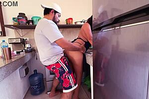 Sexy Mexican babe's curvy ass licked and pounded to intense orgasm in kitchen