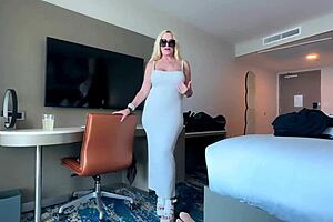 Milf's sheer dress tempts big tits and shaved pussy