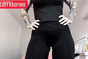 Curvy tattooed milf melody radford strips sheer leggings for solo tease