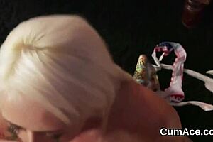 Hey slut, swallow every drop from this epic blowbang cumshot?