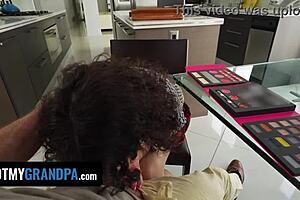 horny old man helps with school uniform then gets deepthroat anal creampie from young slut