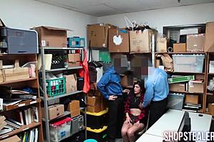 thief brunette bends over sucking cocks in hardcore threesome